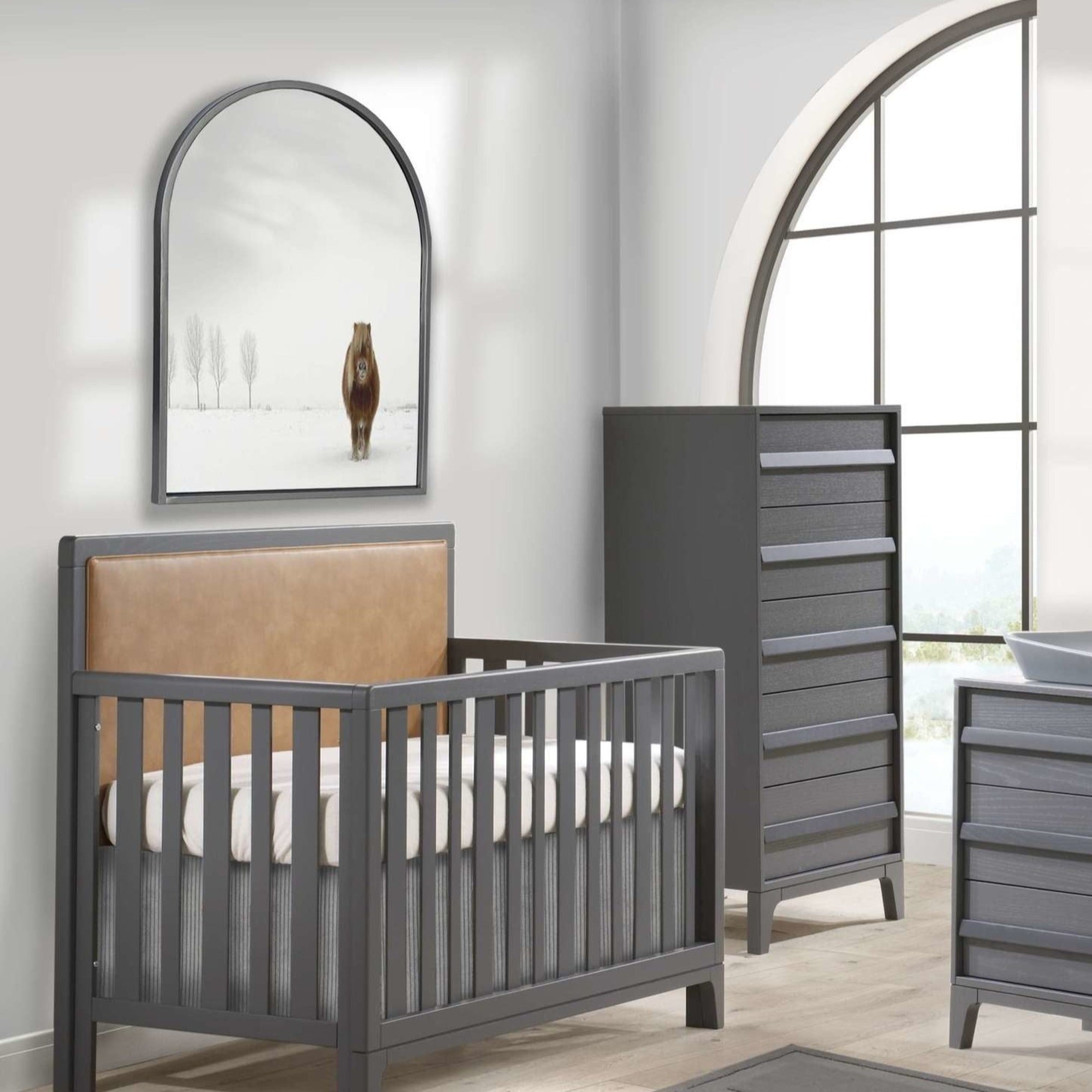 NATART Kyoto 5-In-1 Convertible Crib With Upholstered Panel Leather