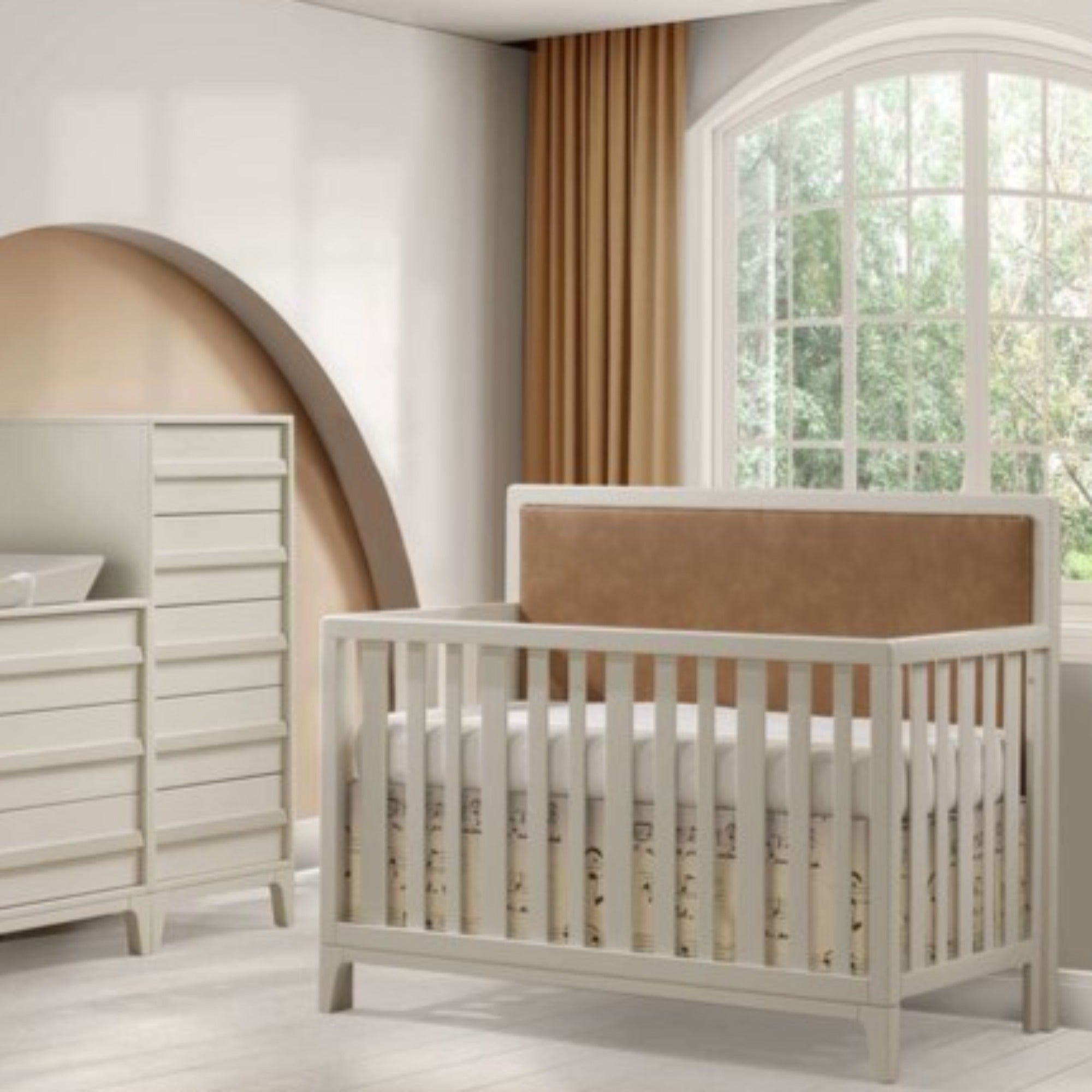 NATART Kyoto 5-In-1 Convertible Crib With Upholstered Panel Leather