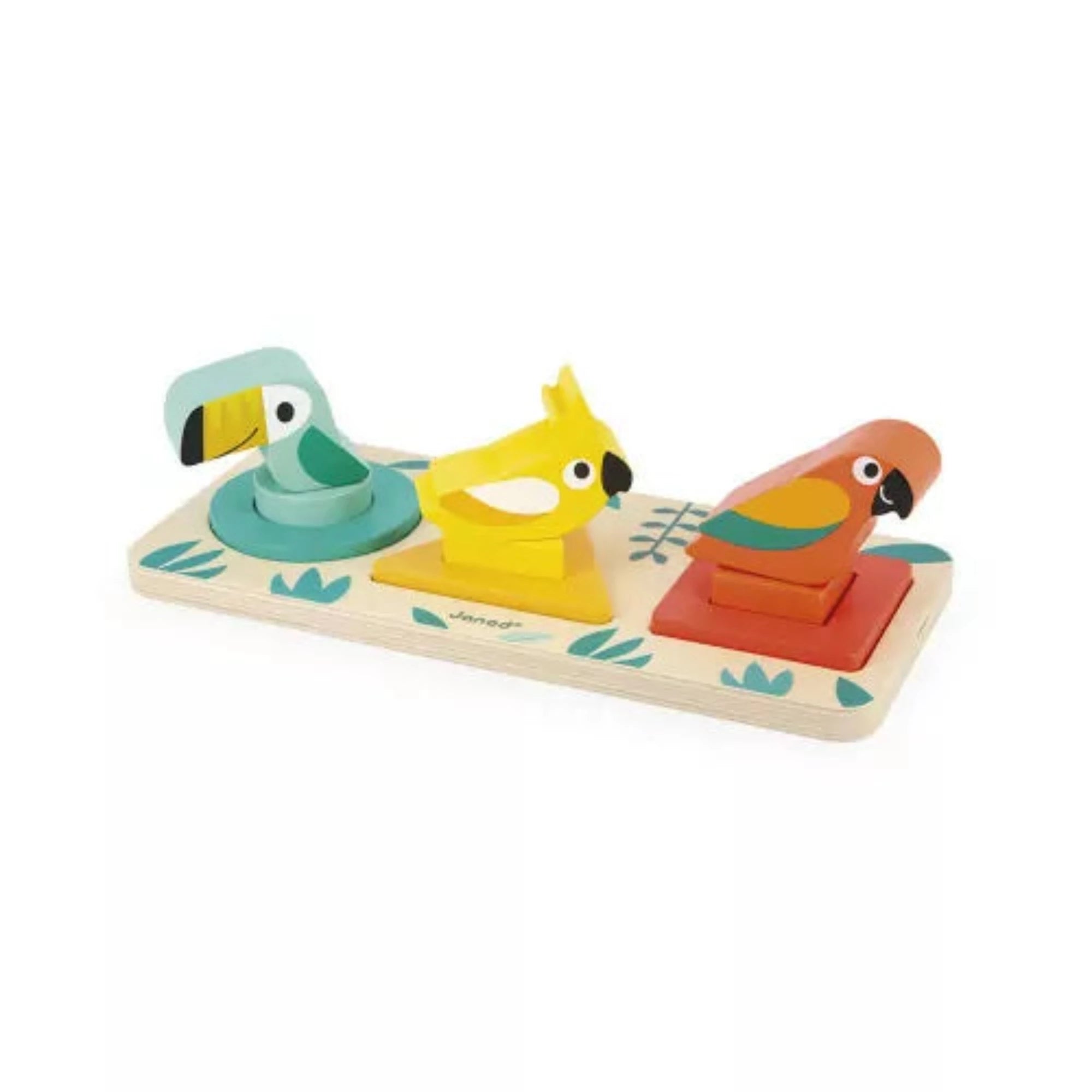 Wooden bird-shaped stacking puzzle featuring colorful parrot, cockatoo, and toucan pieces designed for toddlers’ fine motor development.